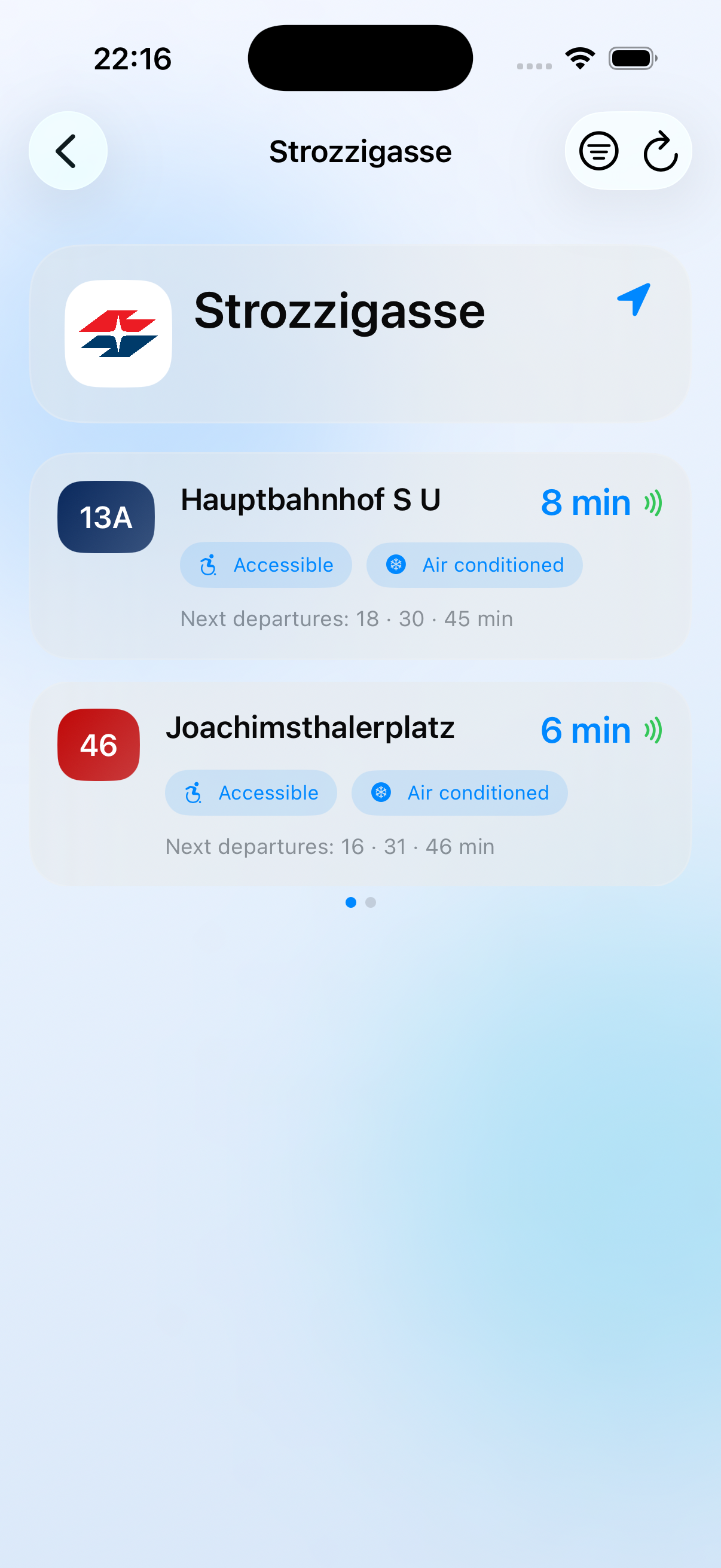 Urbn app showing real-time departure times